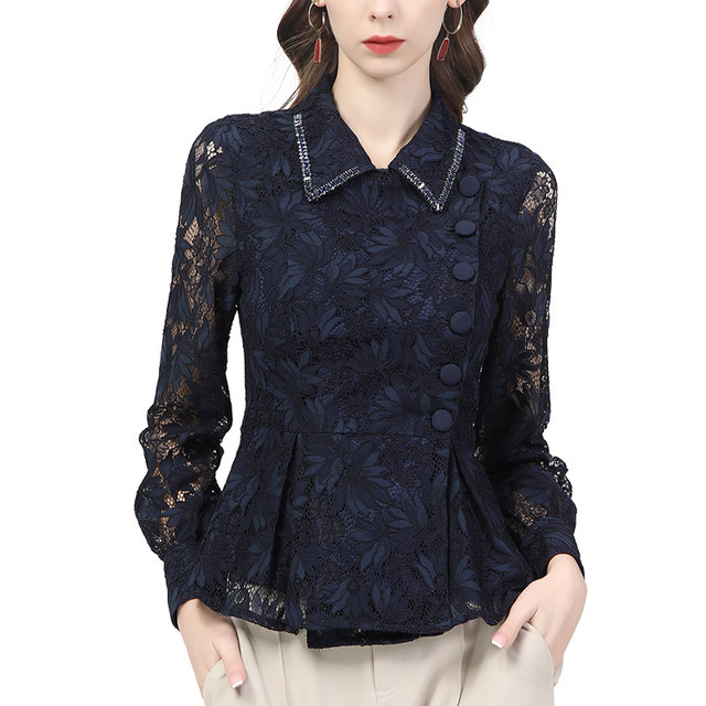 European station spring lace shirt long-sleeved design sense beaded polo collar professional shirt new slim top bottoming