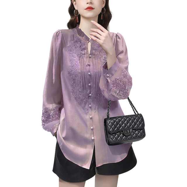 European goods embroidered satin shirt women's loose and thin temperament lantern sleeve top design sense of foreign style age-reducing shirt spring