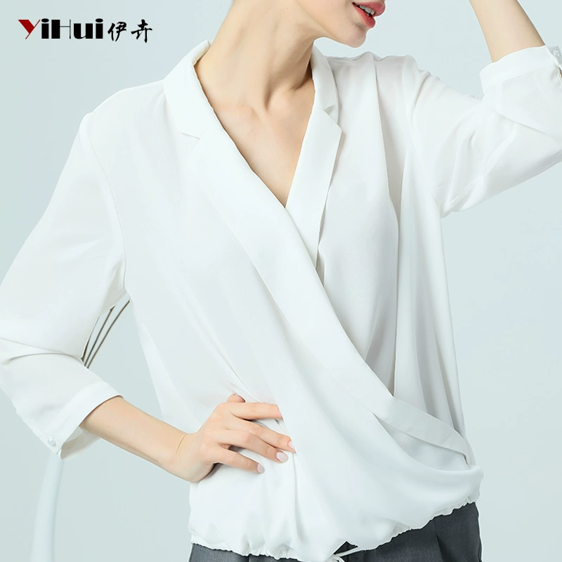 Áo voan v-cổ sơ mi trắng sơ mi nữ trưởng thành gợi cảm size lớn đã mỏng để che bụng 2020 hè mới. - Áo sơ mi chiffon ren