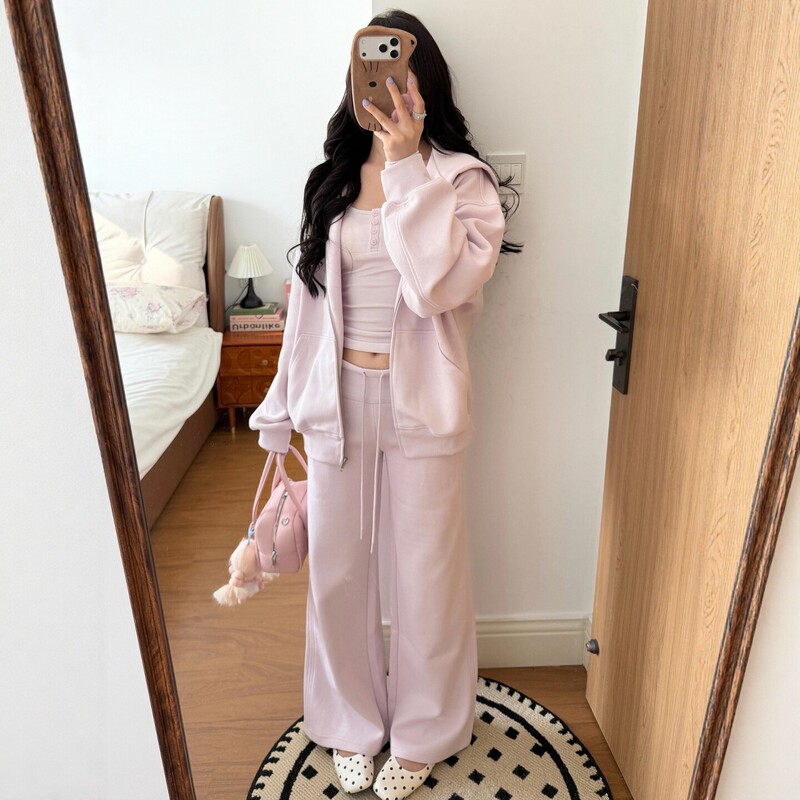 Korean Style Age-Reducing Sportswear Suit for Women, Spring and Autumn Loose Fashion Pink Hooded Sweatshirt and Wide-Leg Pants Casual Two-Piece Set