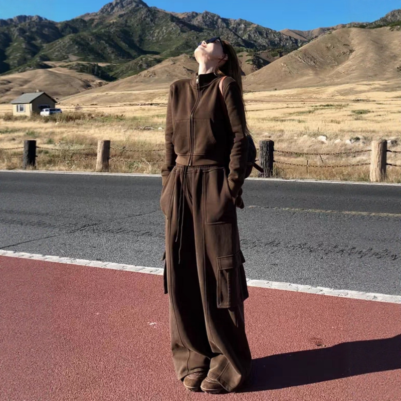 American Retro Sports Suit for Women, Spring and Autumn Fashion, High-End Sweatshirt, Workwear, Wide-Leg Pants, Casual Two-Piece Set