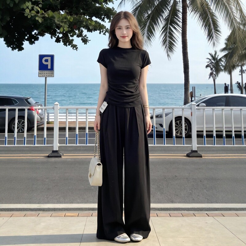 Salt-Style High-End Sports Suit for Women, Summer Loose Fit, Slimming Korean Fashion Short-Sleeve Wide-Leg Pants Casual Two-Piece Set