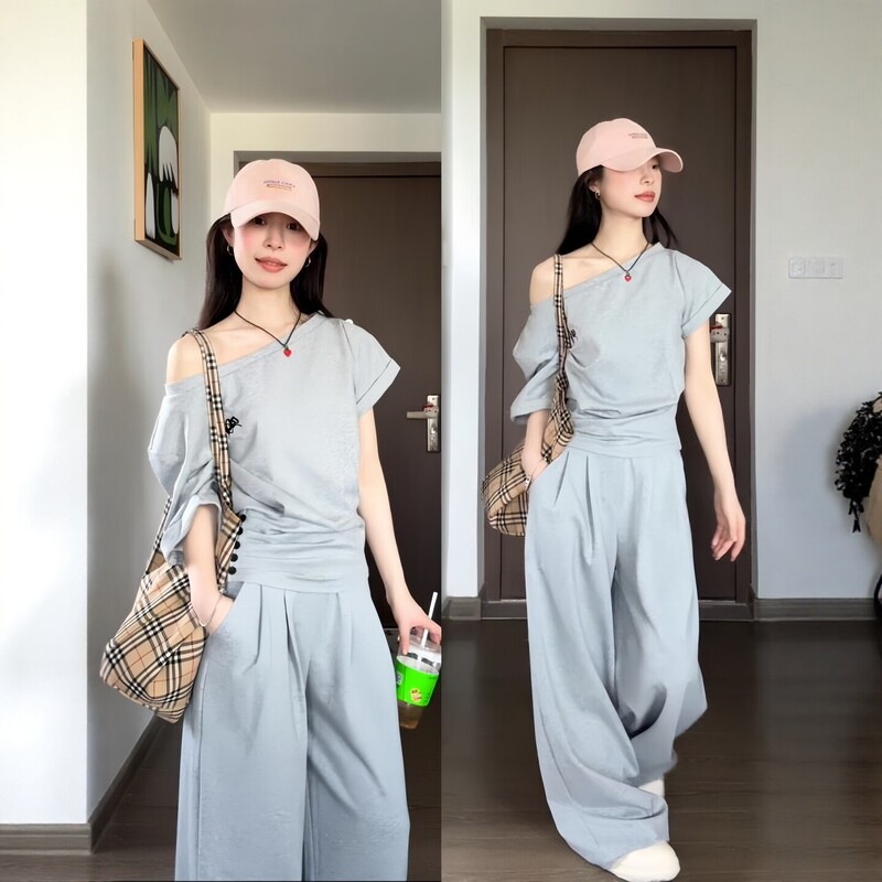 Korean-Style High-End Sportswear Set for Women, Summer Slimming Fashion, One-Shoulder Short-Sleeve Top and Wide-Leg Pants, Casual Two-Piece Trendy Set