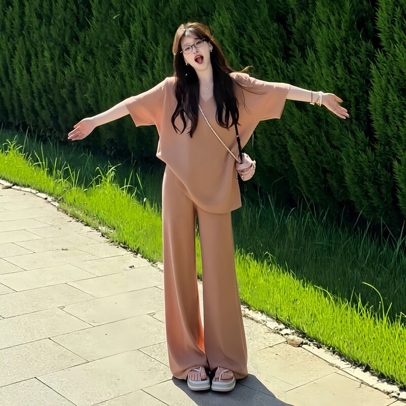 Pure Cotton Salt-Style Sportswear Set for Women, Summer Loose-Fitting Korean Fashion Short-Sleeve Long Pants Casual Two-Piece Set ins Trendy