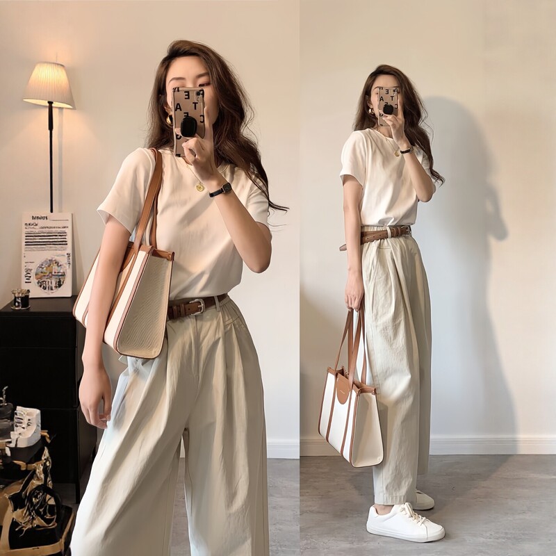 Salt-Style Sports Suit for Women, Summer Loose-Fitting Korean Fashion Outfit, Complete Set with Short-Sleeved Top and Wide-Leg Pants, Casual Two-Piece Set