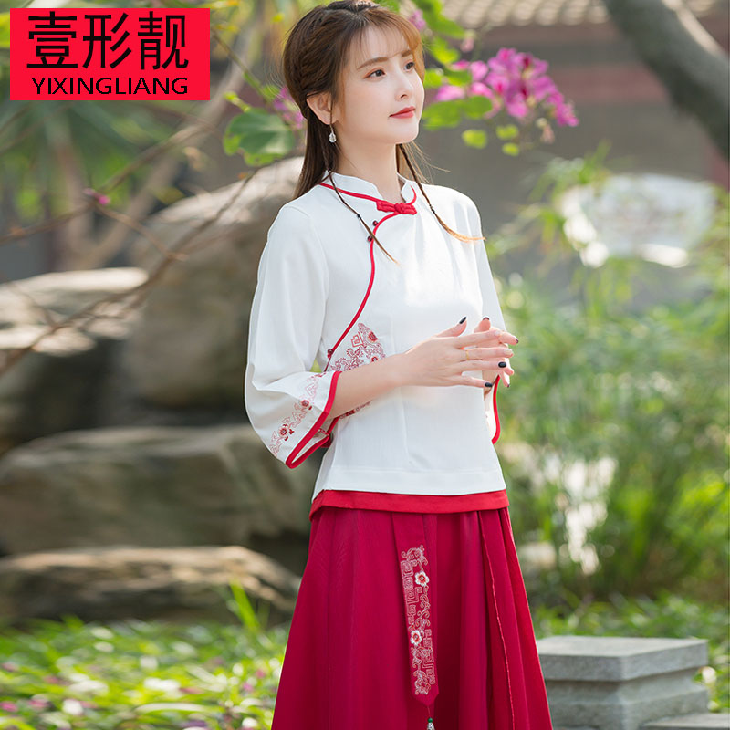 Mùa xuân hè yếu tố Tang Han hát-out ms. Han váy được cải thiện sườn xám hai mảnh Set của Trung Quốc gió bộ quần áo phụ nữ hàng ngày của