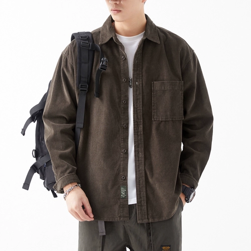 Вельветовый лонгслив, японская ретро демисезонная рубашка для отдыха, оверсайз, осенний