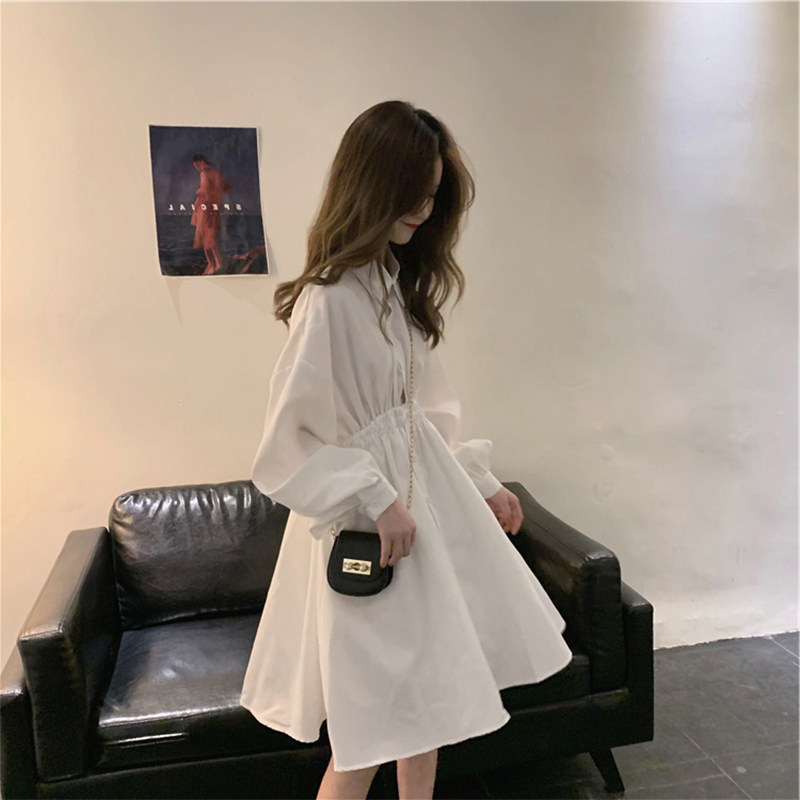 Early autumn 2020 New white long sleeve foreign dress with waist display slim temperament Van middle long version shirt skirt