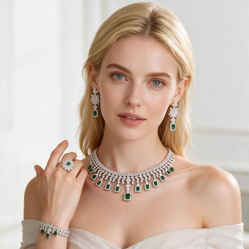 Luxurious Green Gemstone Necklace Women's Wedding Dress Necklace Set Accessories Light Luxury Banquet Wedding Four-Piece Set Travel Photography Accessories