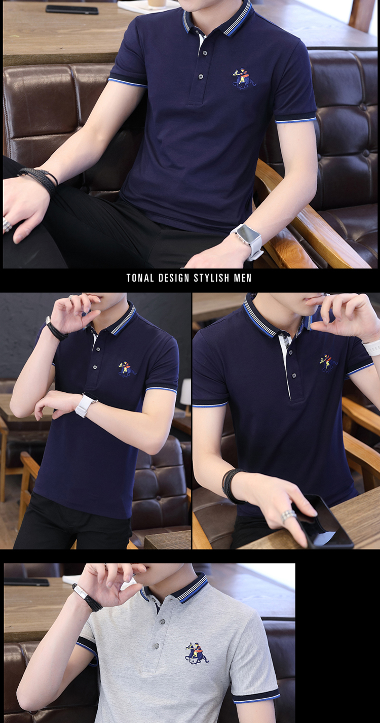 Áo thun nam tay ngắn màu trắng thanh niên mùa hè nam màu rắn màu cotton kẻ sọc ngắn tay áo thun cotton giản dị ve áo áo sơ mi polo
