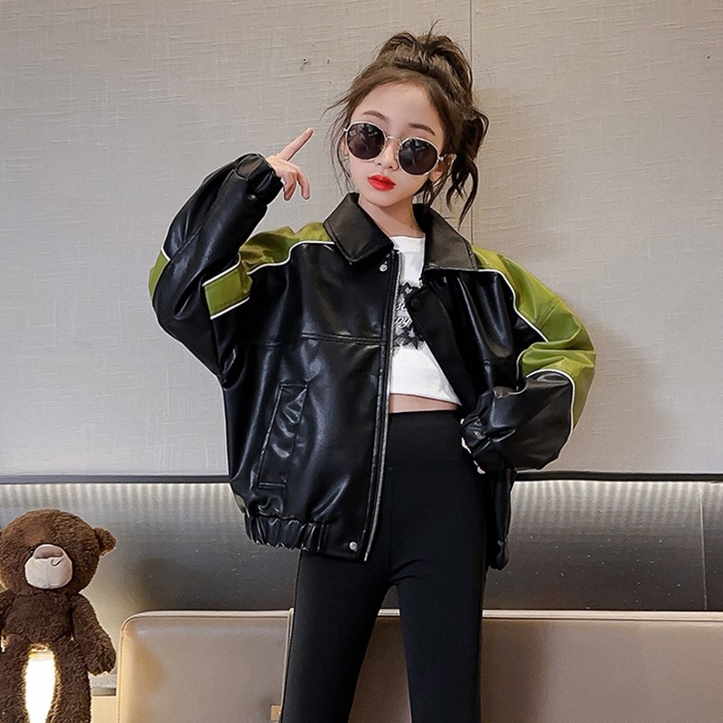 Genuine leather girl leather coat jacket 2023 new fall CUHK children's autumn clothing foreign pistachio leather jacket children locomotive clothes lake-Taobao