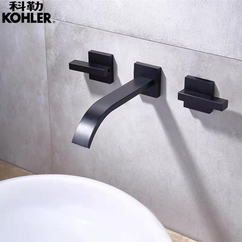 Concealed all-copper powder room double in-wall basin faucet Embedded hot and cold wash basin black faucet