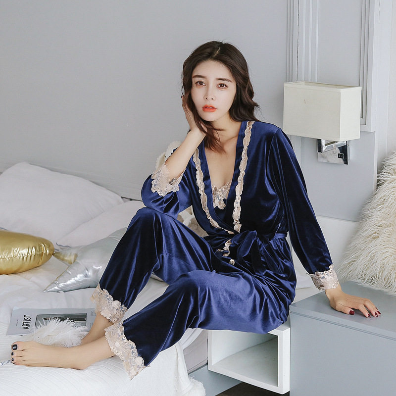 Autumn Winter New Harness Sleepwear Day Goose Down Sexy Sleepwear Woman Pyjamas Three Sets Gold Velvet Sleepwear Long Sleeve Suit