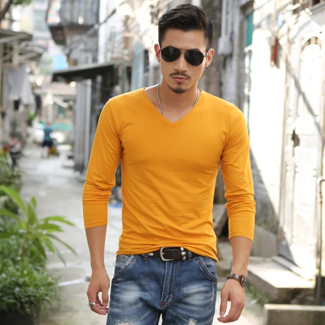 màu tinh khiết áo phía dưới cổ áo trái tim gà mens dài sleevet t-shirt máu màu yên tĩnh phiên bản sạch của mùa thu áo khoác mens đồ lót đất v.