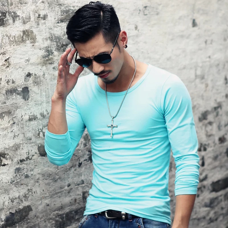 màu tinh khiết áo phía dưới cổ áo trái tim gà mens dài sleevet t-shirt máu màu yên tĩnh phiên bản sạch của mùa thu áo khoác mens đồ lót đất v.