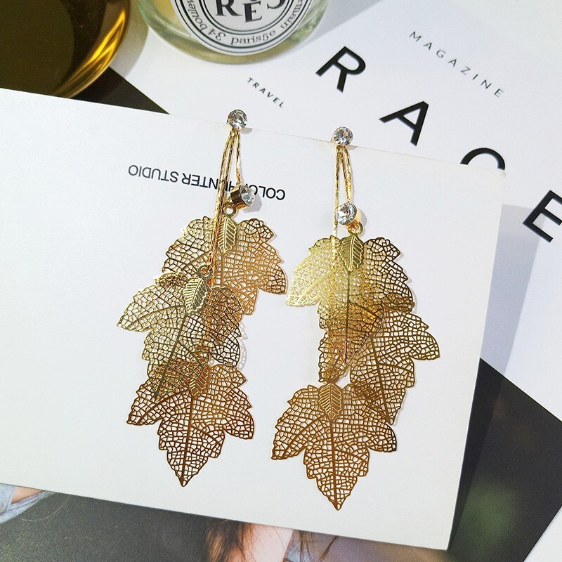 Y9 Water Drill Leaves Metal Earrings Woman and America Exaggerated Personality Tide Man's Ear Pendant Korean Temperament Long Version Ear