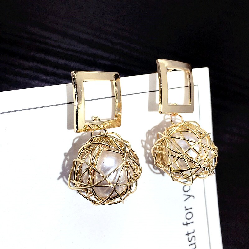 Y9 Korean style new s silver needle temperament lukewarm wind square hollowed-out bird's nest pearl earrings net red with earnestled female