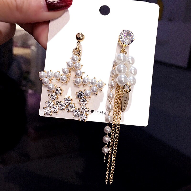 Y9 Korean Version New Fashion Water Drill Pearl Asymmetrical Temperament Pentagram Long Earrings Earrings Personality Net Red Tides