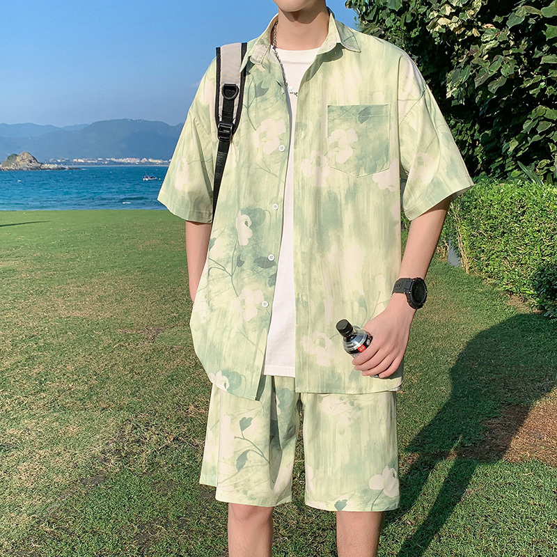 Beach Shirt Men's Short-Sleeved Ice Silk Seaside Vacation Men's Clothing Sanya Travel Outfit Boys' Hawaiian Couple Suit