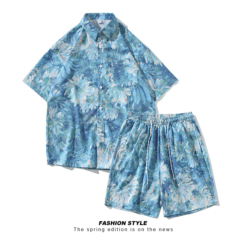 Beach Floral Shirt Men's Short-Sleeved Quick-Drying Ice Silk Seaside Vacation Island Clothing Hawaiian Couple Set Sanya Style Shirt