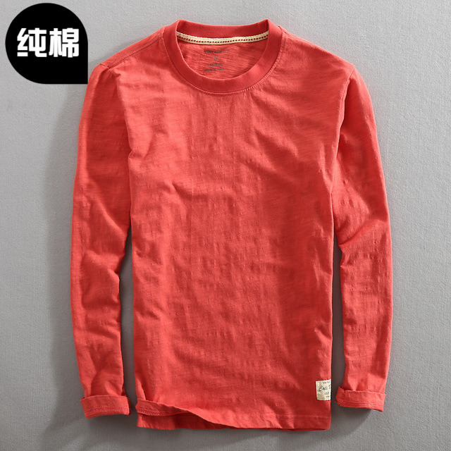 Men's Simple Japanese-Style Round-Neck Bamboo Cotton Red Long-Sleeve Slim-Fit T-Shirt Pure Cotton Washed Youth All-Cotton Base Shirt