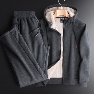 纯棉加绒加厚套装男爸爸装秋冬羊羔绒两件套