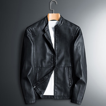 Soft leather jacket mens collar coat middle-aged dad autumn and winter plus velvet padded business casual pud jacket locomotive suit