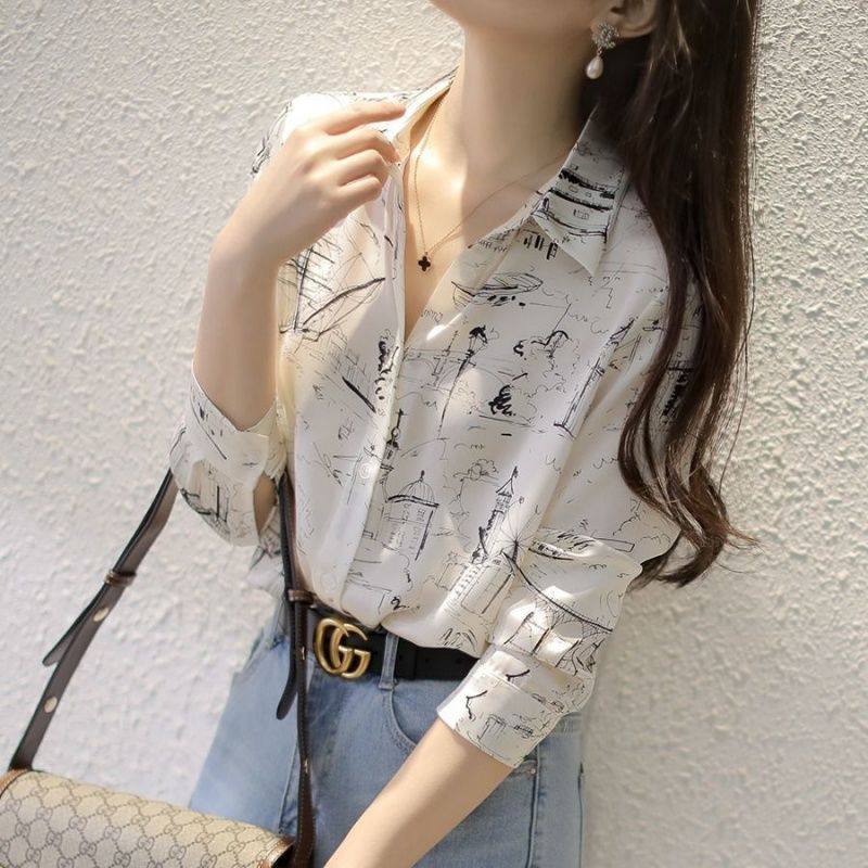 2022 New Long Sleeve Shirt Woman Design Sensation Small Crowblouse Spring Autumn Port Wind Printed Snow-spinning Shirts Fashion Shirts