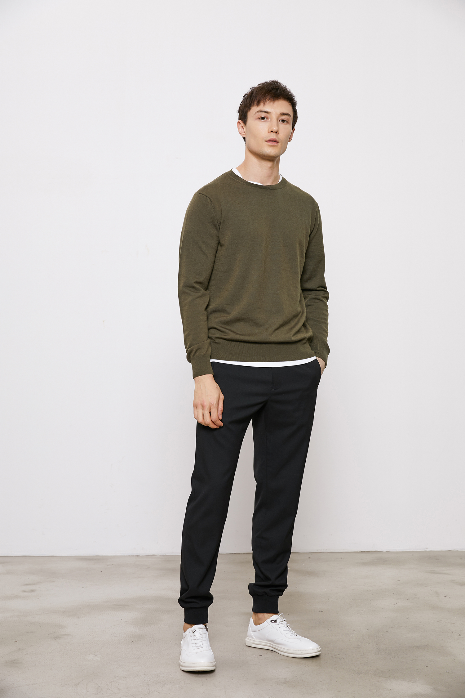 THESSNCE siêu mịn Merino toàn len cơ sở vòng cổ áo len đáy nam quần thể dục