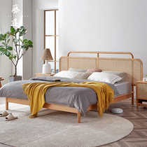 Solid wood bed rattan bed rattan double bed Japanese style 1 5 meters 1 8 meters solid wood bed bed and breakfast wooden double bed bedroom