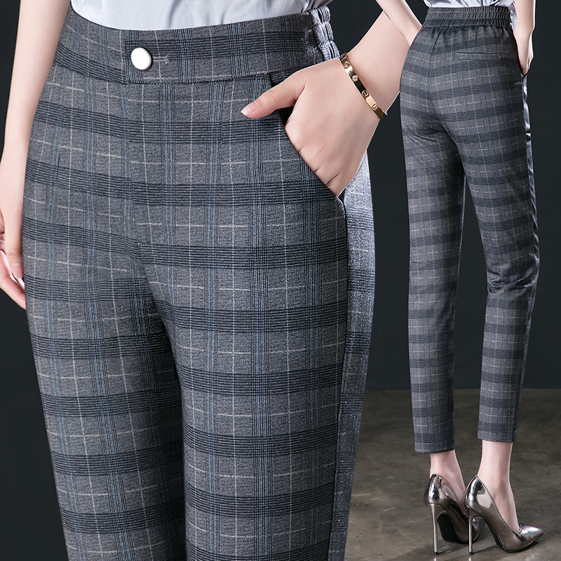 2021 Spring New 90% Pants Woman Spring Autumn Checkered Pants High Waist Elastic Narrow Leggings Pants 9 Sub Pants Small Subwomen Pants