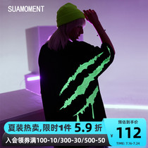 SUAMOMENT Blood Scratched Light Side Large Claw Short Sleeve T-Shirt Casual Couple Hip Hop Half-Compassion Ins Tide Card