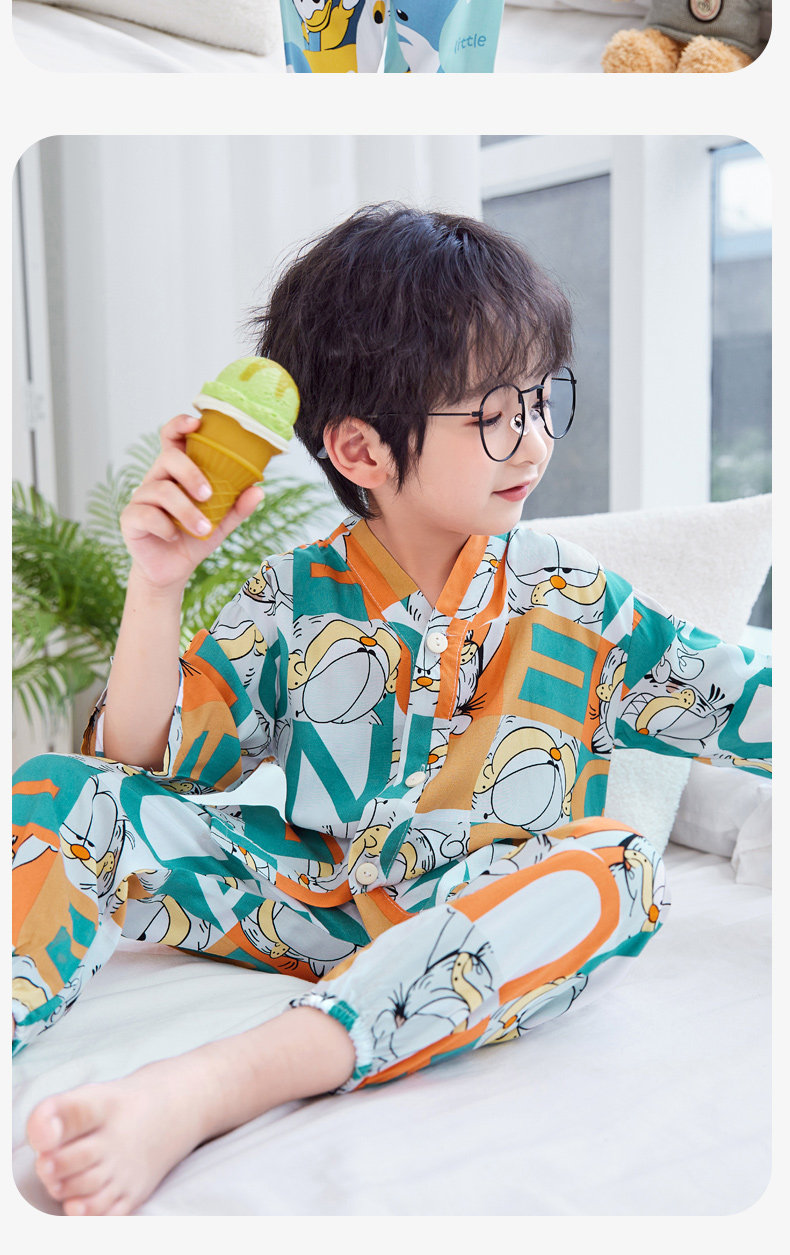 Summer Thin Cotton Silk Pajamas for Children, Three-Quarter Sleeve Home Wear Set, Simple Style for Baby Boys and Girls, Suitable for Older Children — 12