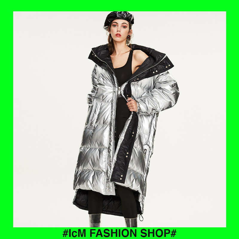 Laser bright silver down jacket 2021 New Men and women loose knee long version thickened northeast winter disposable