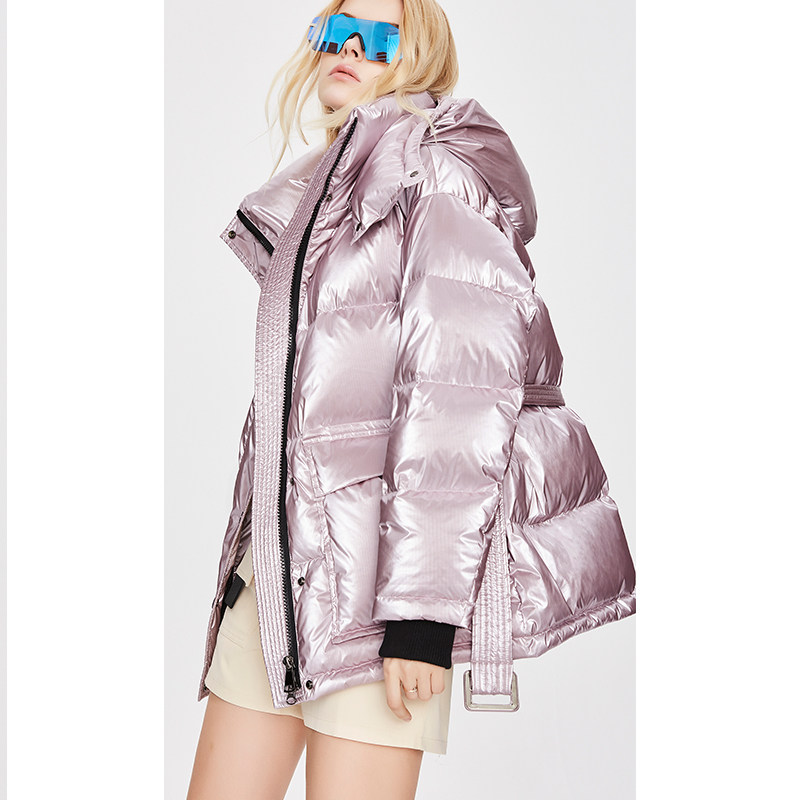 Bright silver pink belted down jacket women's 2021 anti-season Dongdaemun Korean layout bag short loose new