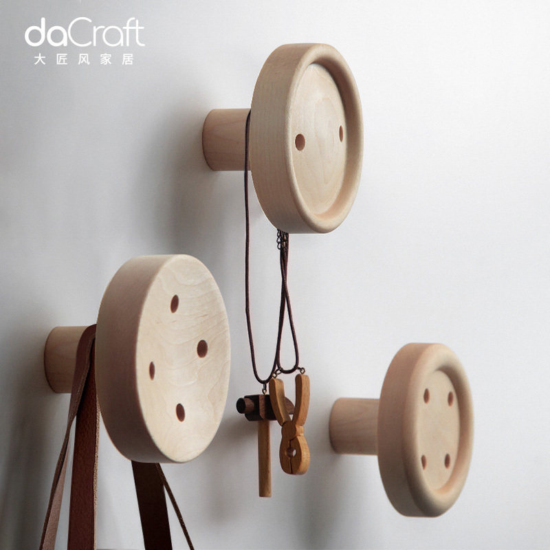 Craftsman style Nordic traceless solid wood wall hook hanger ins free punch creative entry mini button wall hanging