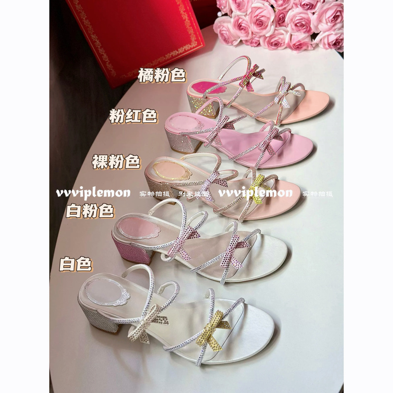 High-End Rc Classic Bow 2026 Spring French-Style Chunky Heel Rhinestone Sheepskin Open-Toe Fairy Slippers for Women for Outdoor Wear
