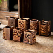 Chinese retro walnut hollow tea ceremony storage tube walnut pen holder square tea ceremony six gentlemen tube creative flower arrangement