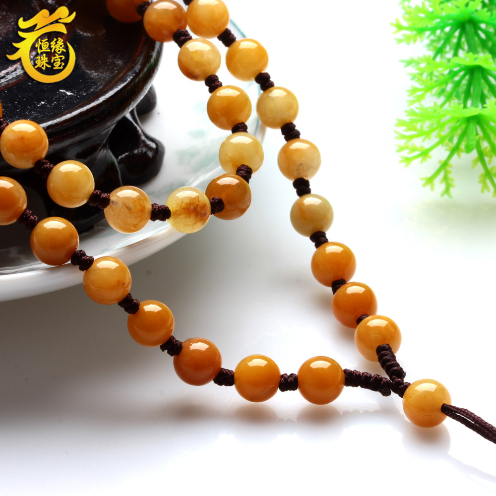 Handmade original pendant lanyard natural yellow dragon jade bead necklace rope jade bead lanyard men's and women's sweater chain