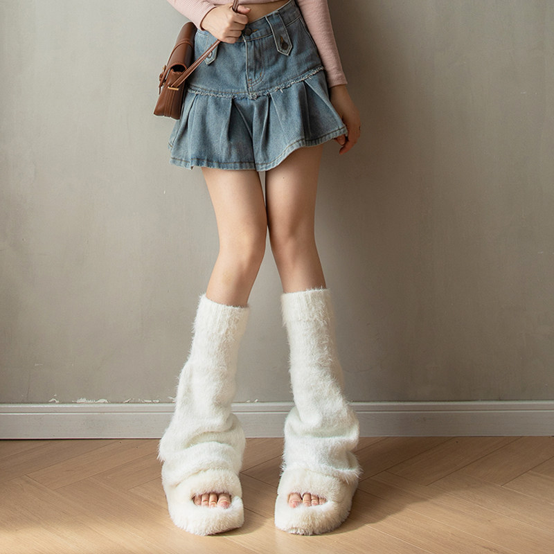 Autumn-winter white imitation ferret hair wool yarn plush leg sleeve pure desire windy day series Conspiculy Warm Socks Hot Brother-in-law y2k-Taobao