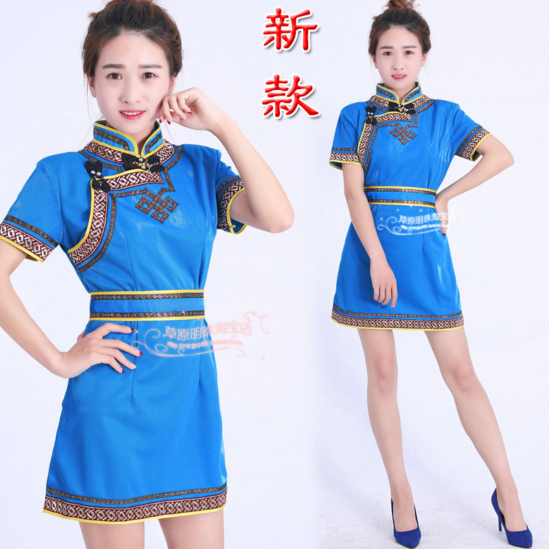 Summer new Mongolian short sleeve acting out of dress lady's thin half sleeve Mongolian robe hooded waitress work clothes