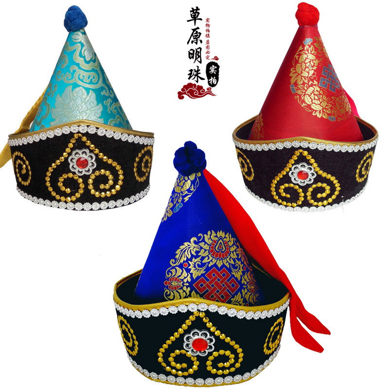 Mongolian hat Men's adult high top hat Ethnic dance performance hat Red blue Mongolian hat
