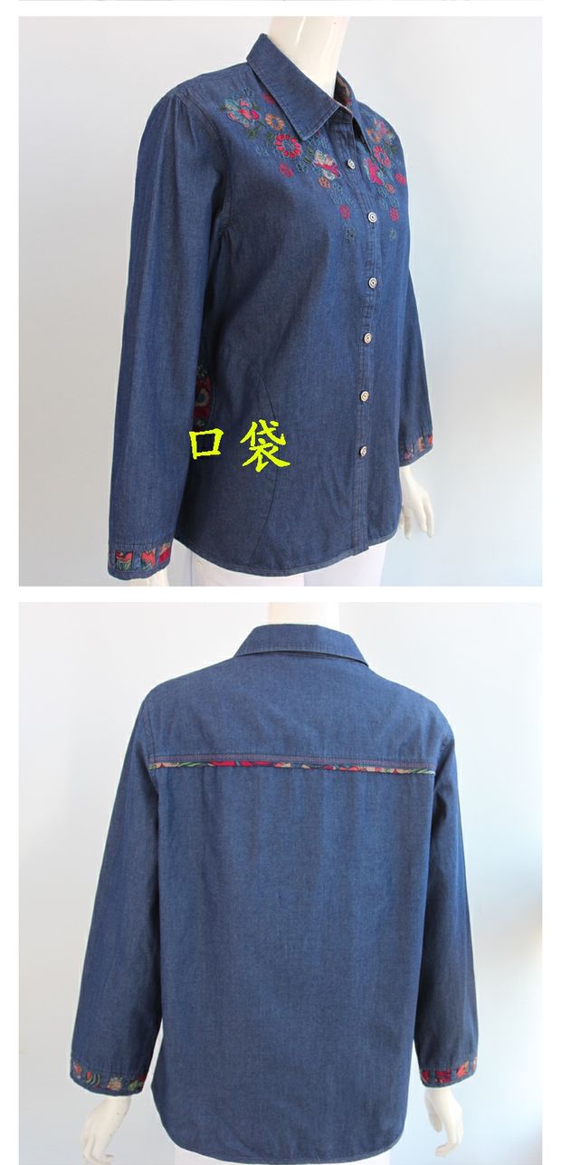 Áo trung niên mẹ xuân hè áo sơ mi denim cotton cao cấp thêu áo bà ngoại áo dài tay - Quần áo của mẹ đầm tuổi trung niên