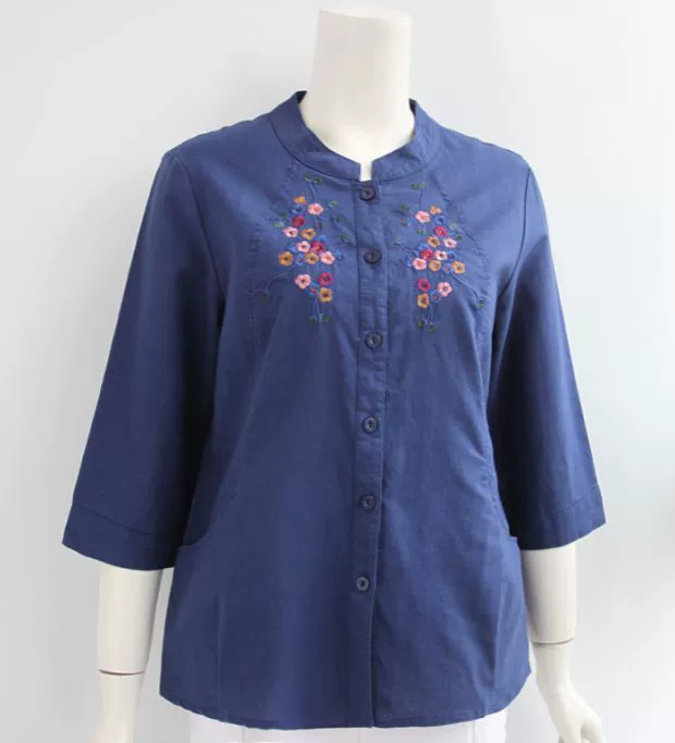 Phụ nữ trung niên đứng áo thêu cổ áo, mẹ khí ngoại, cotton mùa hè, áo sơ mi, sữa, sữa, áo sơ mi tay áo bảy phần tư - Quần áo của mẹ áo kiểu nữ trung niên