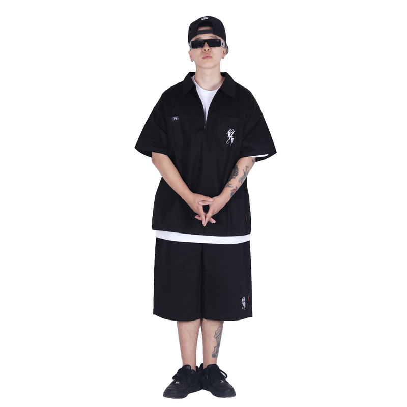 West Coast Chicano Cursive Embroidered American-Style Half-Zip Workwear Short-Sleeve Shirt and Shorts Set