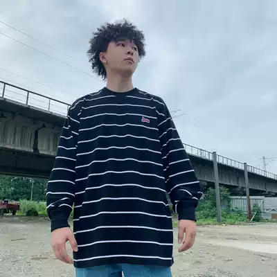 SOULSTYLE original black and white striped hip hop hip hop skateboard Rap hiphop small neckline loose long sleeve T-shirt
