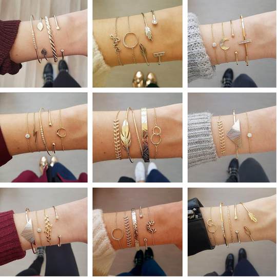 European and American Style Geometric Diamond-Encrusted Leaf Triangle Ring Bracelet Set, Popular Multi-Style Bracelets