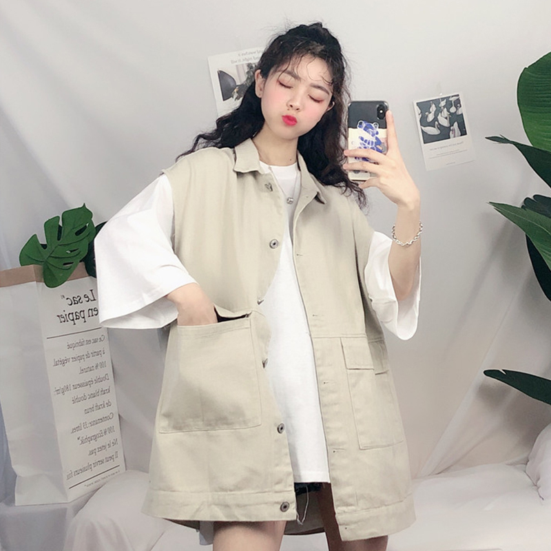 Xiaqiu Hàn Quốc phiên bản của bf gió Harajuku loose-fitting trang phục lao động denim tay out-of-the-box vest áo giáp áo nữ sinh thủy triều