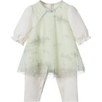 Yings childrens clothing new Chinese style baby girl fake two-piece national style jumpsuit gift box 2024 spring new style