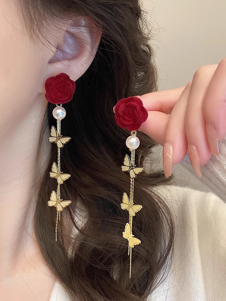 Autumn Winter New Red Flowers Butterfly Flow Suear Earrings Earrings Long gold Luxurious Superior Temperament Silver Needle Earrings-Taobao